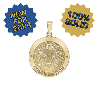 14K Gold Round Confirmation with Cross Medallion (5/8 inch - 3/4 inch)