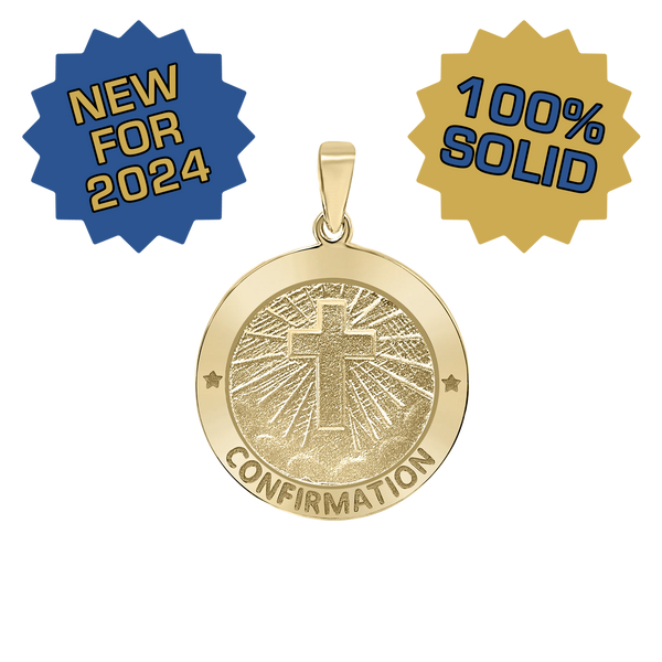 14K Gold Round Confirmation with Cross Medallion (5/8 inch - 3/4 inch)