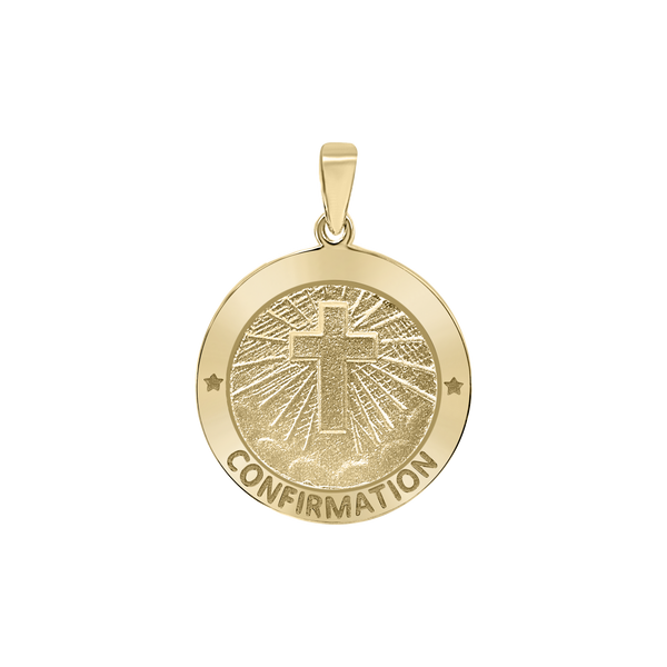 14K Gold Round Confirmation with Cross Medallion (5/8 inch - 3/4 inch)