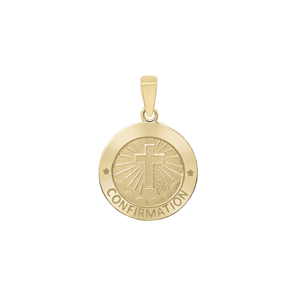 14K Gold Round Confirmation with Cross Medallion (5/8 inch - 3/4 inch)