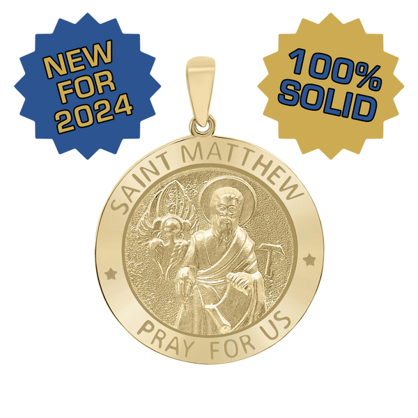 14K Gold Round Saint Matthew Medallion (5/8 inch - 1 inch)