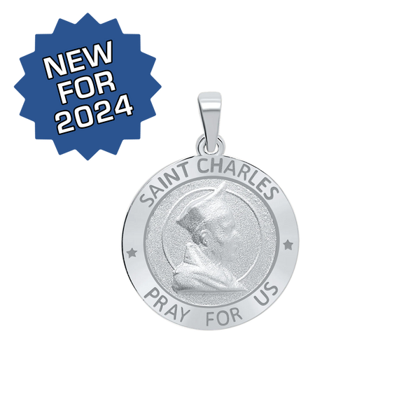 Sterling Silver Round Saint Charles Medallion (3/4 inch)