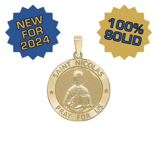 14K Gold Round Saint Nicolas Medallion (3/4 inch)