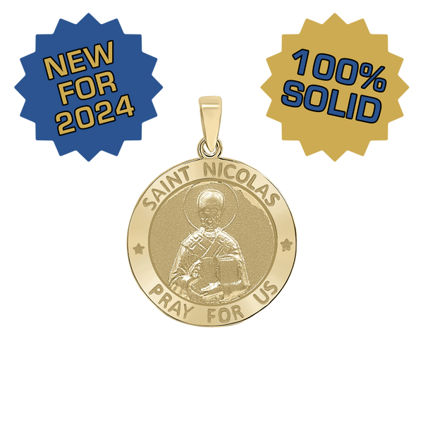 14K Gold Round Saint Nicolas Medallion (3/4 inch)