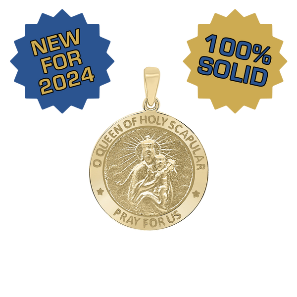 14K Gold Round Queen of the Holy Scapular Medallion (3/4 inch)