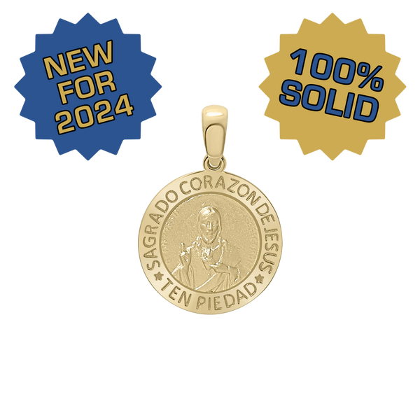 14K Gold Round Sagrado Corazon de Jesus Medallion (5/8 inch)