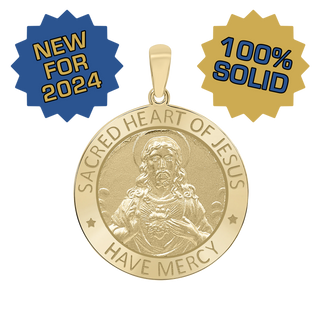 14K Gold Round Sacred Heart of Jesus Medallion (5/8 inch - 1 inch)