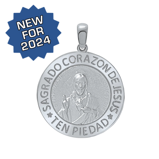 Sterling Silver Round Sagrado Corazon de Jesus Medallion (3/4 inch - 1 inch)