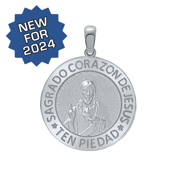 Sterling Silver Round Sagrado Corazon de Jesus Medallion (3/4 inch - 1 inch)