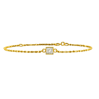 Diamond or Gemstone Square Bezel Charm in 14K Yellow Diamond Cut Cable Bracelet