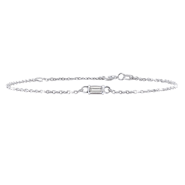 Diamond or Gemstone Baguette Bezel Charm in 14K White Diamond Cut Cable Bracelet