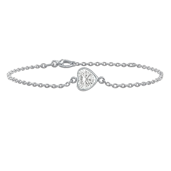 Diamond or Gemstone Heart Bezel Charm in 14K White Round Cable Bracelet