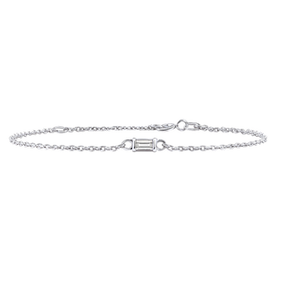 Diamond or Gemstone Baguette Bezel Charm in 14K White Diamond Cut Cable Bracelet