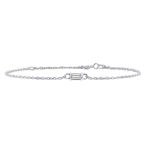 Diamond or Gemstone Baguette Bezel Charm in 14K White Diamond Cut Cable Bracelet