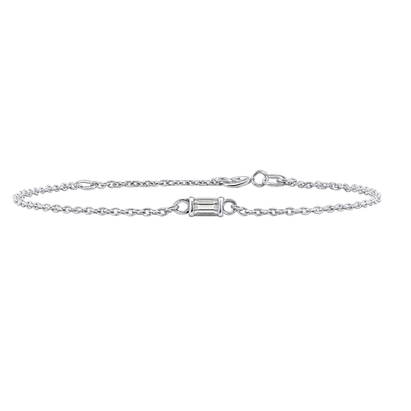 Diamond or Gemstone Baguette Bezel Charm in 14K White Round Cable Bracelet