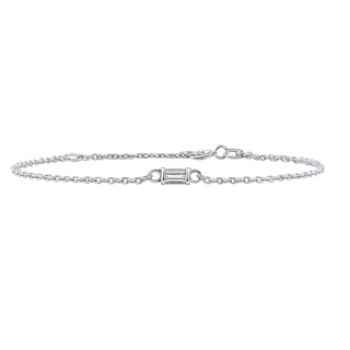 Diamond or Gemstone Baguette Bezel Charm in 14K White Round Cable Bracelet