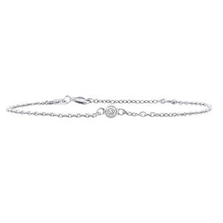 Diamond or Gemstone Round Bezel Charm in 14K White Diamond Cut Cable Bracelet