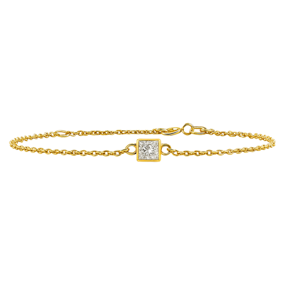 Diamond or Gemstone Square Bezel Charm in 14K Yellow Round Cable Bracelet