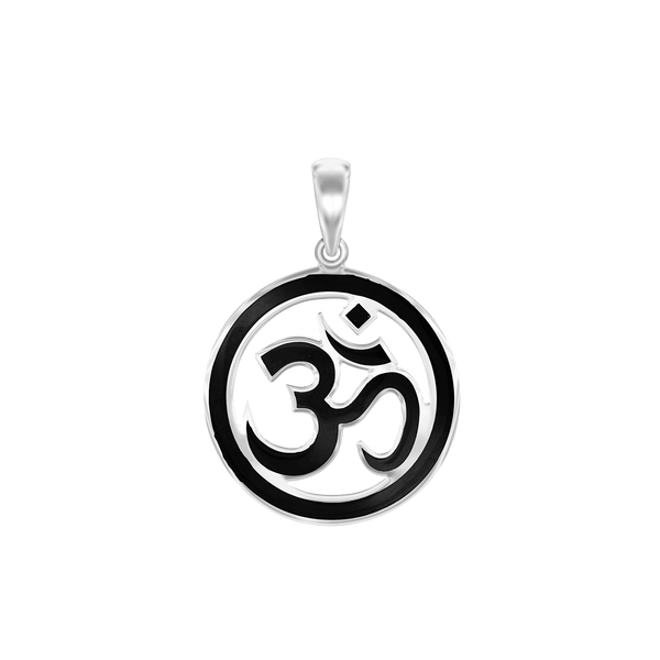 Sterling Silver Hindu Om Pendant with Black Enamel (30 x 22 mm)