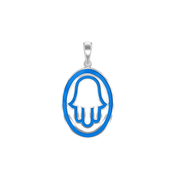 Sterling Silver Hamsa Pendant with Blue Enamel (35 x 19 mm)