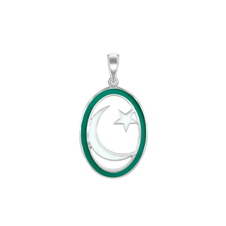 Sterling Silver Star Crescent Pendant with Green Enamel (34 x 19 mm)