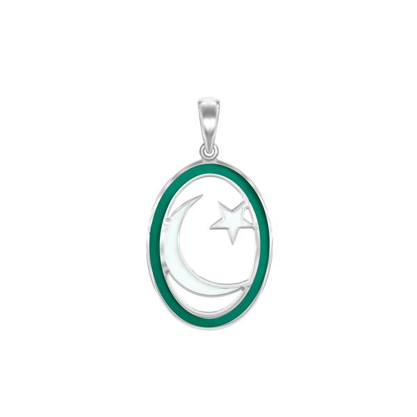 Sterling Silver Star Crescent Pendant with Green Enamel (34 x 19 mm)