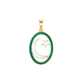 Sterling Silver Star Crescent Pendant with Green Enamel (34 x 19 mm)