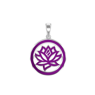 Sterling Silver Hinduism Lotus Pendant with Purple Enamel (30 x 22 mm)