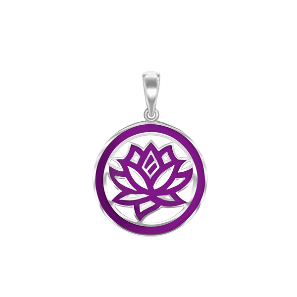 Sterling Silver Hinduism Lotus Pendant with Purple Enamel (30 x 22 mm)