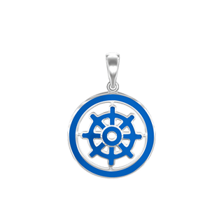 Sterling Silver Buddhism Dharma Wheel Pendant with Blue Enamel (30 x 22 mm)