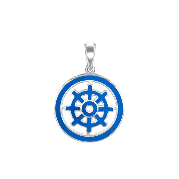 Sterling Silver Buddhism Dharma Wheel Pendant with Blue Enamel (30 x 22 mm)