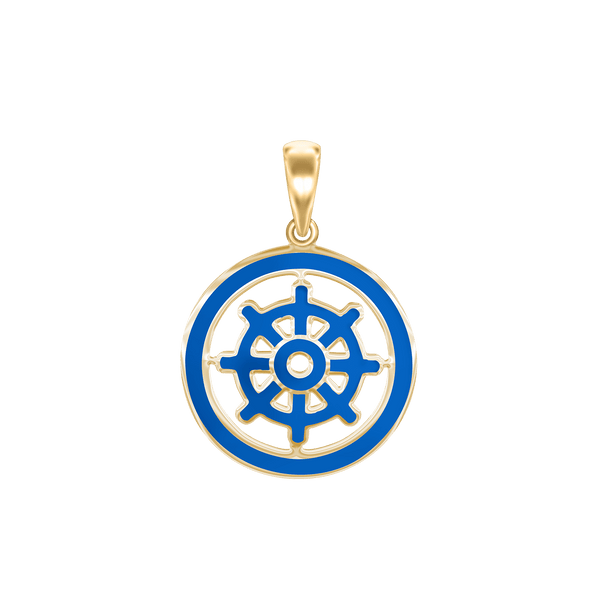 Sterling Silver Buddhism Dharma Wheel Pendant with Blue Enamel (30 x 22 mm)