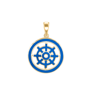 Sterling Silver Buddhism Dharma Wheel Pendant with Blue Enamel (30 x 22 mm)