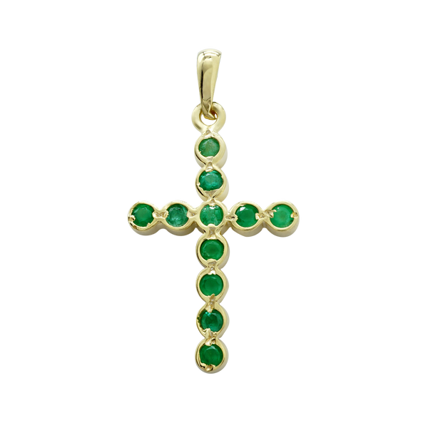 14K Yellow Gold Bezel Set Classic Cross Pendant with Emerald Stones (30 x 15 mm)