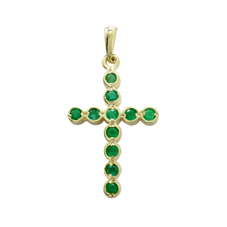 14K Yellow Gold Bezel Set Classic Cross Pendant with Emerald Stones (30 x 15 mm)