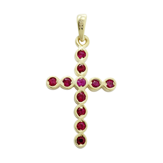 14K Yellow Gold Bezel Set Cross Pendant with Ruby Stones (30 x 15 mm)