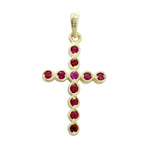 14K Yellow Gold Bezel Set Cross Pendant with Ruby Stones (30 x 15 mm)