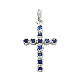 14K White Gold Bezel Set Classic Cross Pendant with Sapphire Stones (30 x 15 mm)