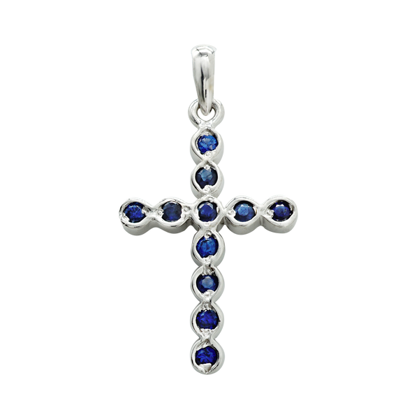14K White Gold Bezel Set Classic Cross Pendant with Sapphire Stones (30 x 15 mm)