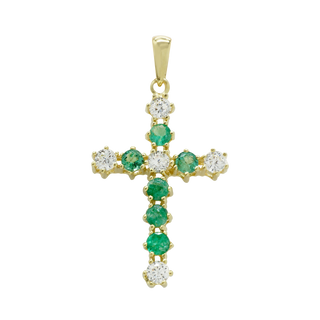 14K Yellow Gold Contemporary Cross Pendant with Diamonds and Emerald Stones (39 x 20 mm)