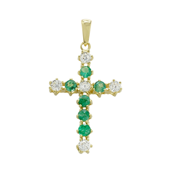 14K Yellow Gold Contemporary Cross Pendant with Diamonds and Emerald Stones (39 x 20 mm)