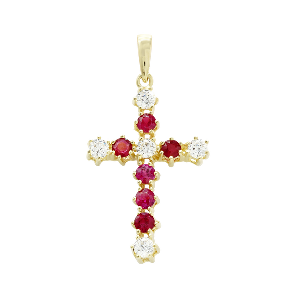 14K Yellow Gold Contemporary Cross Pendant with Diamonds and Ruby Stones (39 x 20 mm)