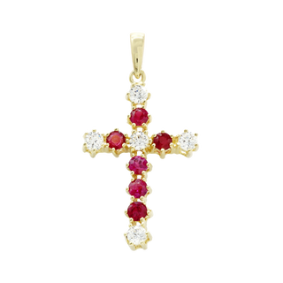 14K Yellow Gold Contemporary Cross Pendant with Diamonds and Ruby Stones (39 x 20 mm)