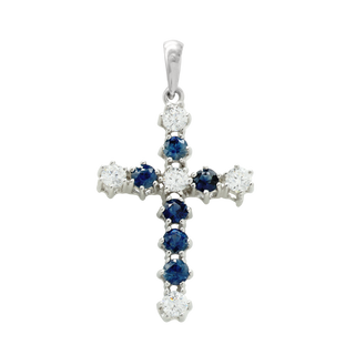 14K White Gold Contemporary Cross Pendant with Diamonds and Sapphire Stones (39 x 20 mm)