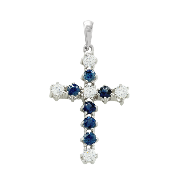 14K White Gold Contemporary Cross Pendant with Diamonds and Sapphire Stones (39 x 20 mm)