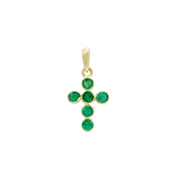 14K Yellow Gold Bezel Set Classic Cross Pendant with Emerald Stones (20 x 10 mm)