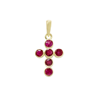 14K Yellow Gold Bezel Set Classic Cross Pendant with Ruby Stones (20 x 10 mm)