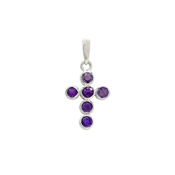 14K White Gold Bezel Set Classic Cross Pendant with Amethyst Stones (20 x 10 mm)