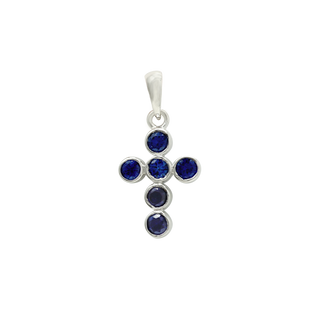 14K White Gold Bezel Set Classic Cross Pendant with Sapphire Stones (20 x 10 mm)