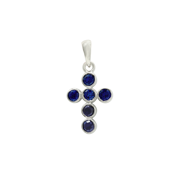 14K White Gold Bezel Set Classic Cross Pendant with Sapphire Stones (20 x 10 mm)